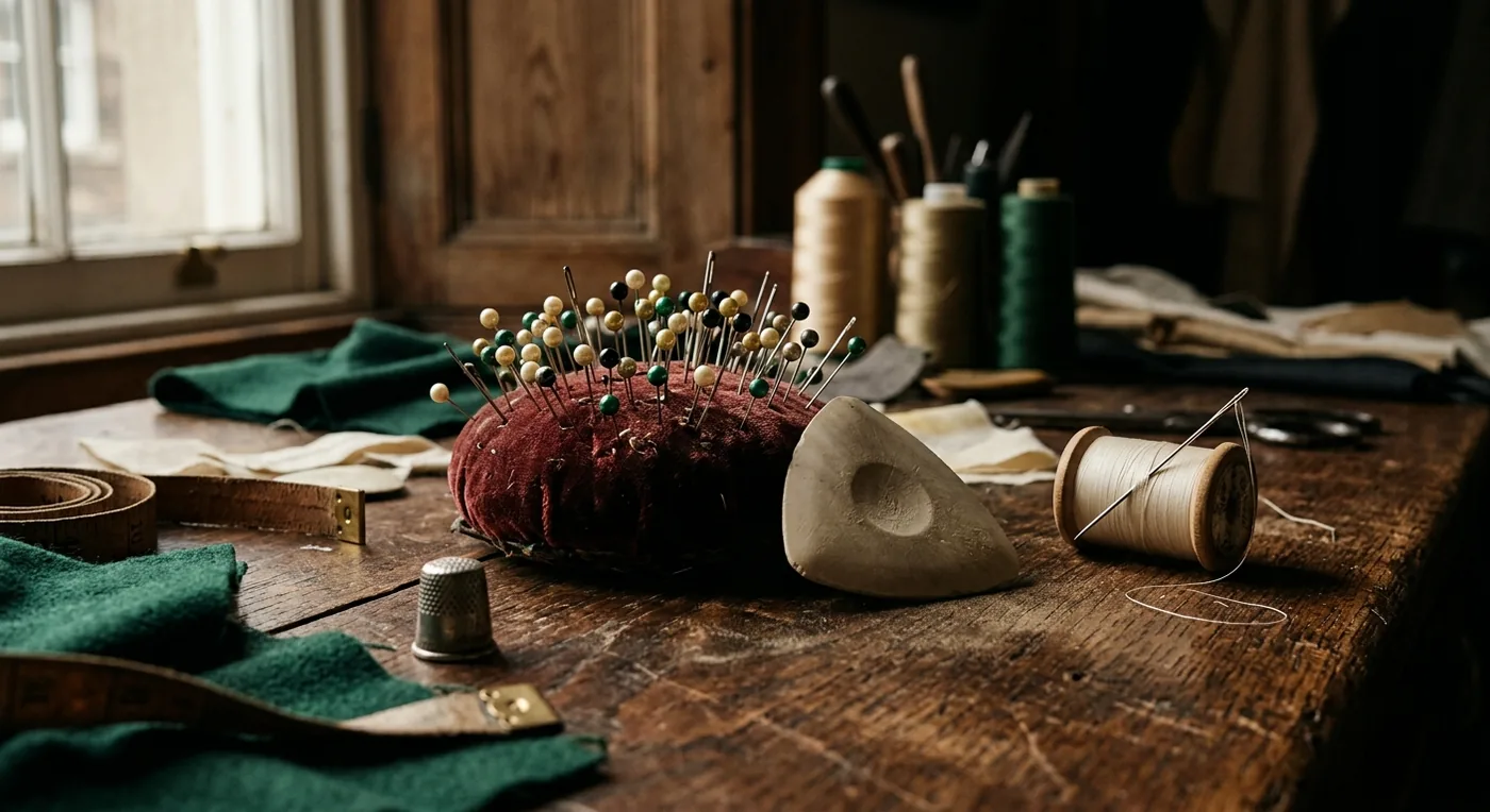 A tailor's bench with pins, thread and a tailor's ham