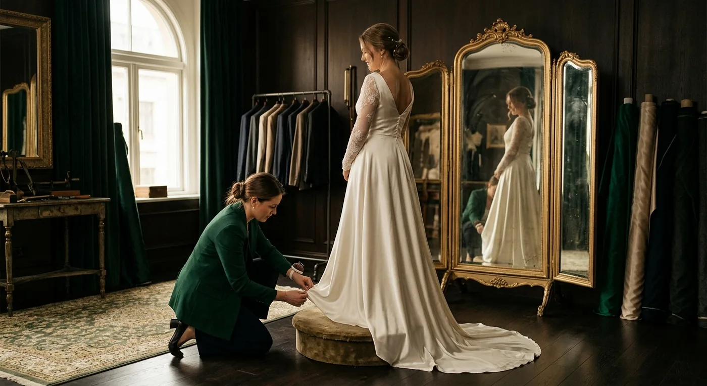 A bride being fitted before a gilded mirror at Ensy Tailor