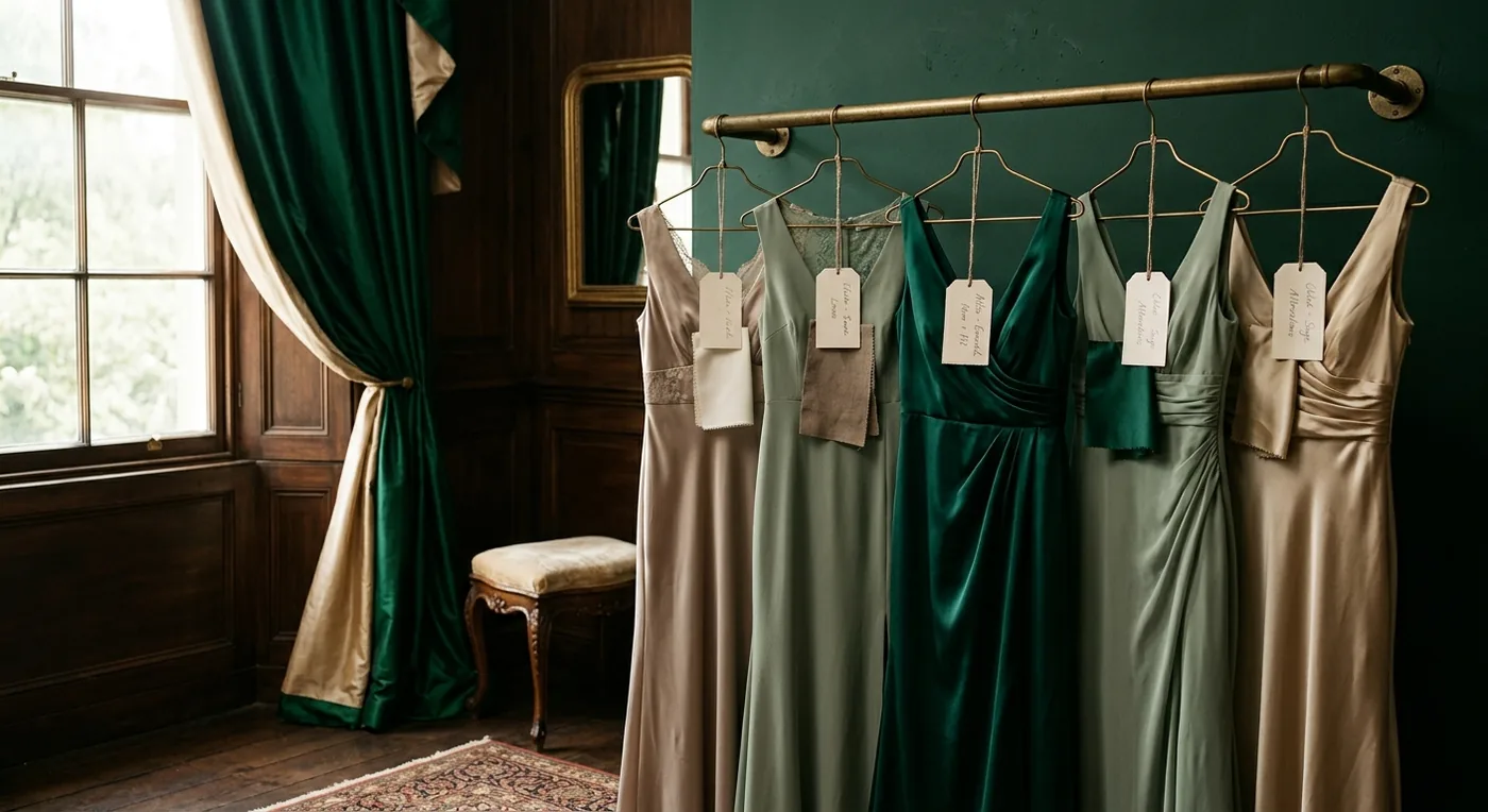 A rail of bridesmaid dresses with fitting tags