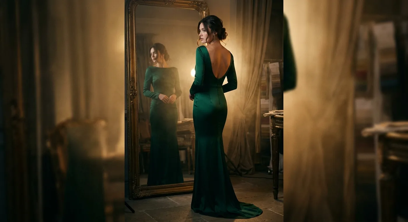 A woman in a fitted emerald evening gown