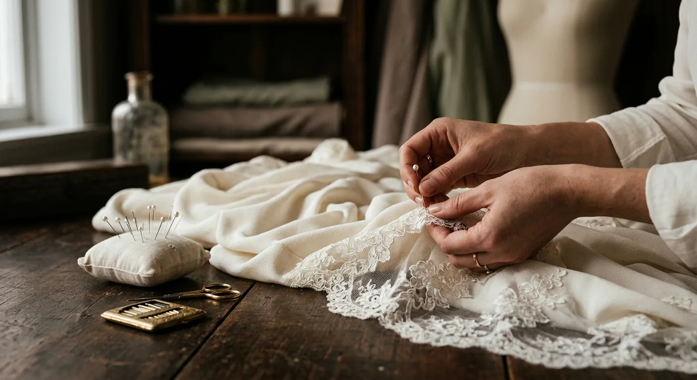 Hand-pinning delicate lace at a hemline