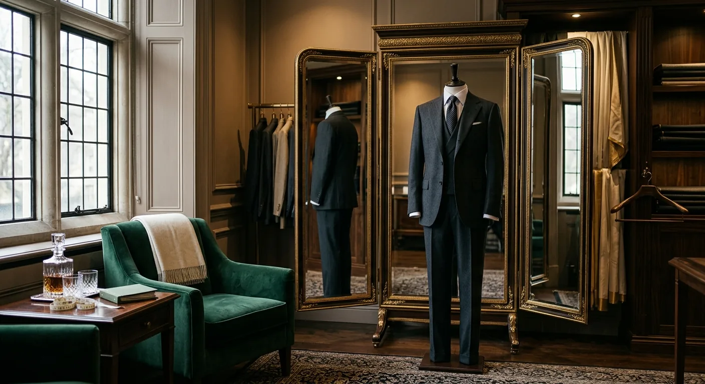 Ensy Tailor fitting room — a bespoke suit before a gilded three-way mirror